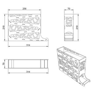 May include: A black and white diagram of a wooden box with a decorative, abstract cut-out design. The box is 314 mm long, 210 mm high, and 70 mm wide. The diagram includes measurements.