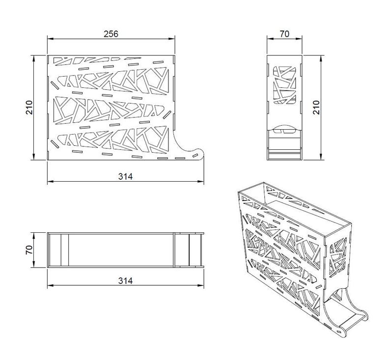 May include: A black and white diagram of a wooden box with a decorative, abstract cut-out design. The box is 314 mm long, 210 mm high, and 70 mm wide. The diagram includes measurements.