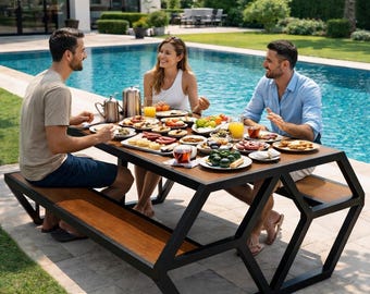 Modern Picnic Table Plans, Metal Frame Wood Top, Outdoor Bench Set (DXF/DWG)