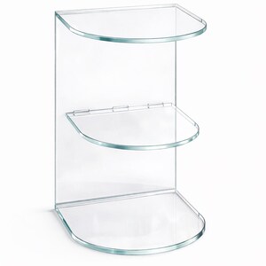 May include: Clear, three-tiered corner shelf made of glass. The shelves are semi-circular with rounded edges, and the back panel is rectangular. The design is minimalist and modern, suitable for displaying items in a bathroom or living space.