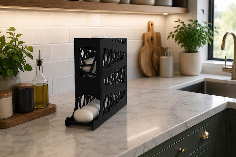 May include: A black, modern egg holder with a decorative, openwork design. The holder is on a marble countertop in a kitchen setting. Several white eggs are visible inside the holder. Other kitchen items include plants, cutting boards, and a soap dispenser.