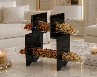 Soporte moderno de acrílico para aperitivos, bandeja de servir escalonada transparente negra (descarga digital)