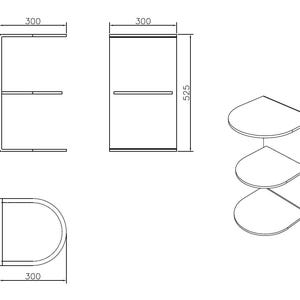 May include: Line drawing of a three-tiered corner shelf, with dimensions in millimeters. The shelf is 300mm wide and 525mm high. The shelves are semi-circular. The drawing shows the shelf from multiple angles.
