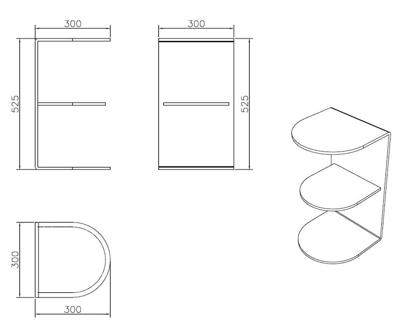 May include: Line drawing of a three-tiered corner shelf, with dimensions in millimeters. The shelf is 300mm wide and 525mm high. The shelves are semi-circular. The drawing shows the shelf from multiple angles.