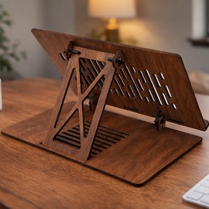 Può includere: Un supporto per laptop in legno marrone scuro. Il supporto è angolato e presenta un design a fessure per la ventilazione. È su una scrivania di legno, con una tazza bianca e una tastiera.