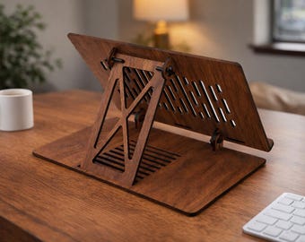 Soporte ajustable de madera de nogal para portátil, elevador de escritorio ergonómico, accesorio minimalista para espacio de trabajo (archivos DXF, DWG)