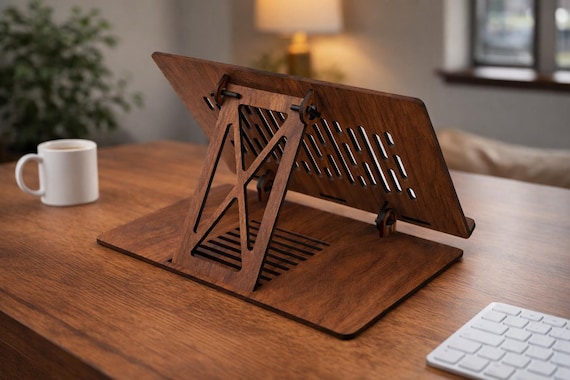 Adjustable Walnut Wood Laptop Stand, Ergonomic Desk Riser, Minimalist Workspace Accessory, (DXF, DWG Dosyaları)