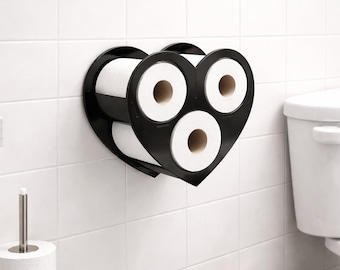 Soporte para papel higiénico con forma de corazón, organizador de pared de plexiglás negro, almacenamiento moderno para el baño.