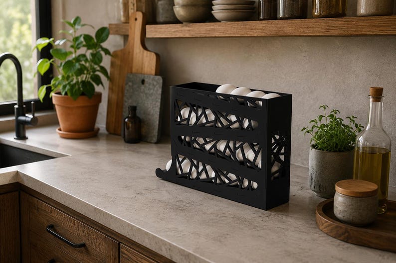 May include: A black metal egg holder with a decorative geometric design, filled with white eggs. The holder sits on a kitchen countertop, alongside a potted plant, a bottle of oil, and other kitchen items.