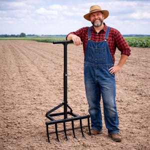 May include: A black garden rake with a T-shaped handle and multiple tines. The rake is standing upright in a field. A person wearing a straw hat, red plaid shirt, and denim overalls is leaning on the rake.