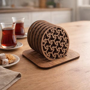 Geometric Wooden Coaster Set with Holder (DXF, DWG)