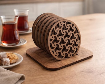 Juego de posavasos geométricos de madera con soporte (DXF, DWG)