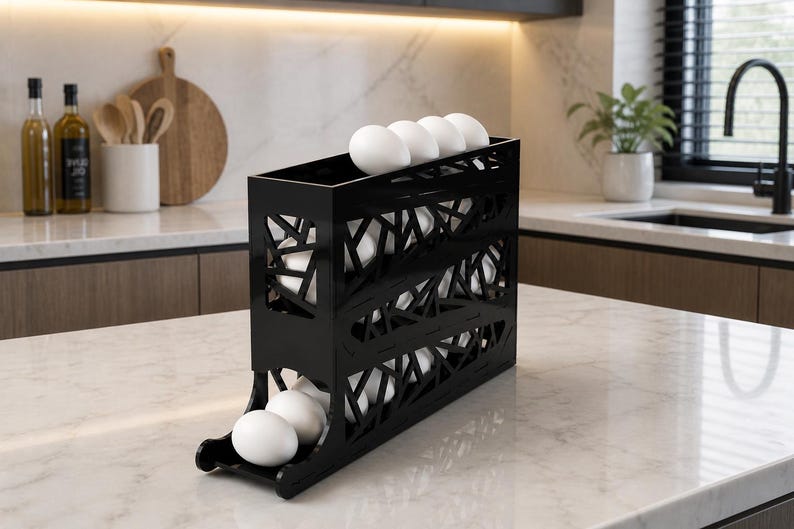 May include: A black, geometric egg holder filled with white eggs. The holder has a modern design with cut-out patterns and is placed on a marble countertop in a kitchen setting. The eggs are visible through the open sides.