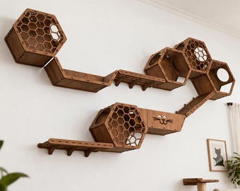 Modulares Sechseck-Katzenregal, moderne Holzkatzenwandmöbel, Kletterstangen, Ruhehöhlen
