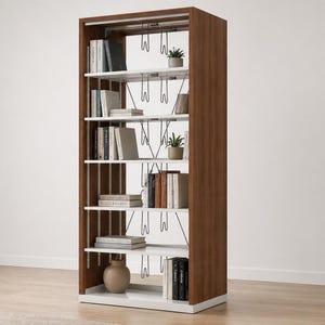 May include: A tall, modern bookshelf with a white interior and a dark wood-grain exterior. The shelves are filled with books, small potted plants, and a decorative vase. The design features metal supports and a clean, minimalist aesthetic.