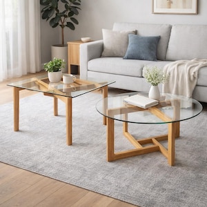 Plano de mesa de centro moderna en formatos DXF y DWG / Tapa de cristal y base de madera (descarga digital)