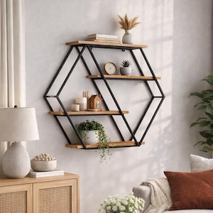 Sechseck-Wandregal, industrielles Holzmetallregal, geometrisches Dekor, moderner rustikaler schwimmender Organizer