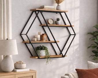 Estantería de pared hexagonal, estantería industrial de madera y metal, decoración geométrica, organizador flotante rústico moderno.