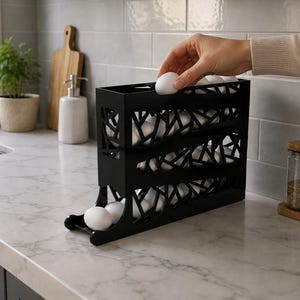 May include: Black metal egg holder with a decorative geometric design, holding several white eggs. The holder is on a marble countertop in a kitchen setting. A hand is placing an egg in the top section.