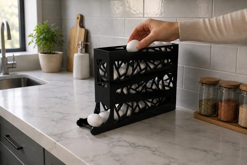 May include: Black metal egg holder with a decorative geometric design, holding several white eggs. The holder is on a marble countertop in a kitchen setting. A hand is placing an egg in the top section.