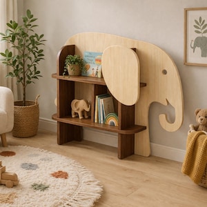 Montessori Elephant Bookshelf, Kids Wooden Bookcase, Maple Walnut Toy Storage