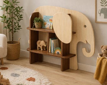Estantería Montessori con forma de elefante, librería infantil de madera, almacenamiento de juguetes en madera de arce y nogal.