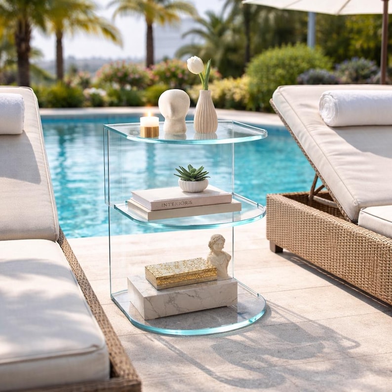 May include: A clear glass side table with three curved shelves. The top shelf holds a candle, a white head sculpture, and a small vase with a white flower. The middle shelf has a small succulent and two books. The bottom shelf has a decorative box and a bust.