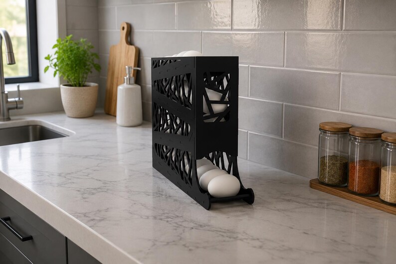 May include: A black, vertical egg holder with a decorative, openwork design. The holder is on a marble countertop and contains several white eggs. Kitchen decor.