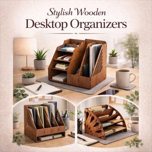 May include: Stylish Wooden Desktop Organizers are featured in this image. The image showcases several brown wooden desk organizers with multiple compartments for storing files, notebooks, and other office supplies. The organizers are displayed on a desk with a lamp, plants, and a coffee mug.