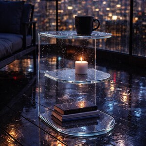 May include: A clear, three-tiered side table with rounded edges. A black mug sits on the top shelf, a lit candle on the middle shelf, and two books on the bottom shelf. The table is on a wet wooden deck with a city skyline in the background.