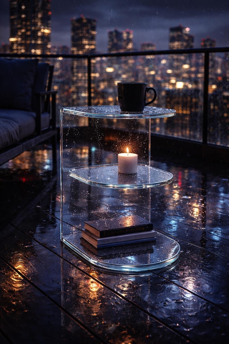 May include: A clear, three-tiered side table with rounded edges. A black mug sits on the top shelf, a lit candle on the middle shelf, and two books on the bottom shelf. The table is on a wet wooden deck with a city skyline in the background.