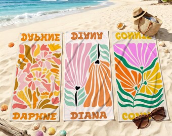 Custom Boho Floral Beach Towel, Personalized Name Pool Towel,Custom Abstract Floral Towel,Boho Retro Flower Summer Vacation Towel