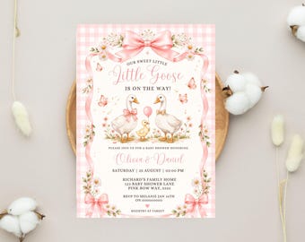 Little Goose Baby Shower Invitation Editable Pink Gingham Girl Template Instant Download