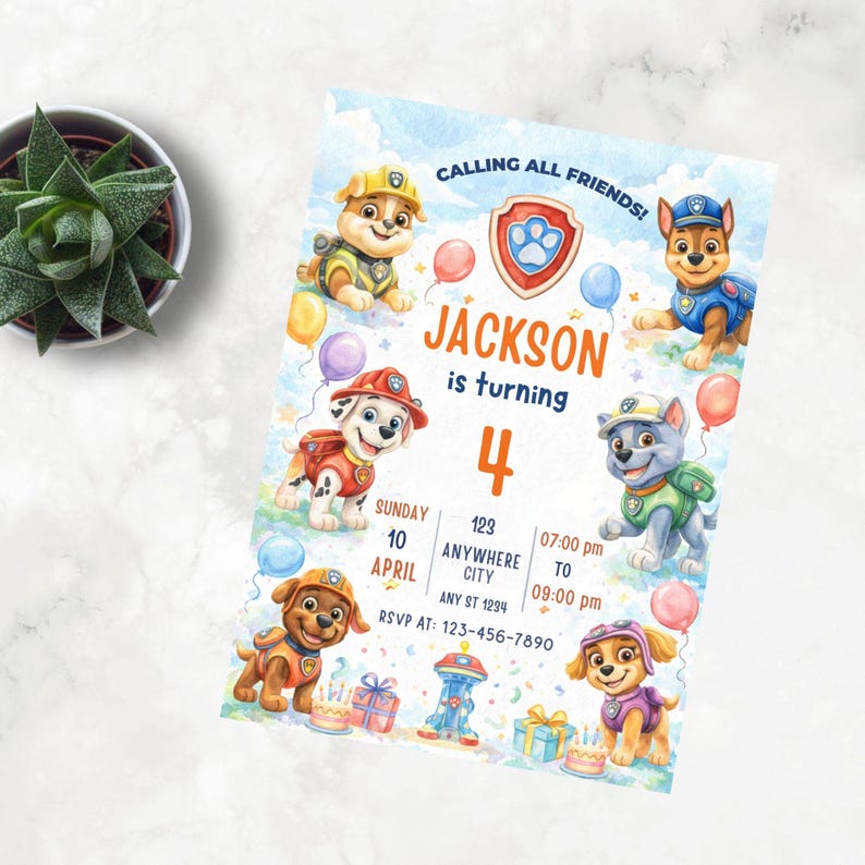 Editable Paw-ty Birthday Invitation Template, Kids Party Invitation, Puppy Patrol Pup Boys & Girls birthday Digital download image 6