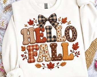 Hello Autumn PNG, Fall PNG, Autumn Shirt Design, Patchwork plique pNG, Leopard Plaid Fall pNG, Sublimation Design, DTF Transfer