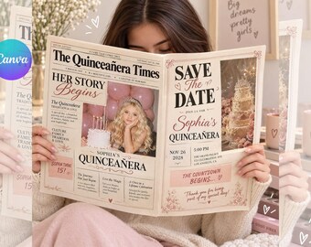 Quinceanera Save The Date Newspaper | Canva Template | Quinceañera invitation | Quince Photoshoot Newspaper | Sweet 15 Newspaper Invite