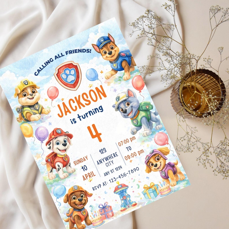 Editable Paw-ty Birthday Invitation Template, Kids Party Invitation, Puppy Patrol Pup Boys & Girls birthday Digital download image 3
