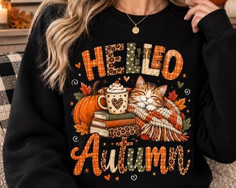 Hello Autumn PNG, Fall PNG, Autumn Shirt Design, Patchwork plique pNG, Leopard Plaid Fall pNG, Sublimation Design, DTF Transfer