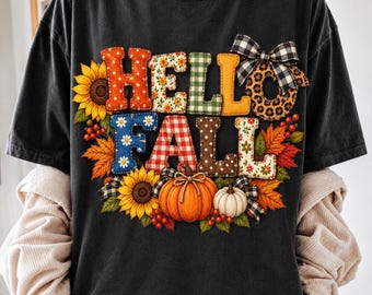 Hello Autumn PNG, Fall PNG, Autumn Shirt Design, Patchwork plique pNG, Leopard Plaid Fall pNG, Sublimation Design, DTF Transfer
