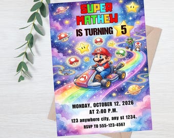 Super Mario Galaxy Birthday Invitation, Awesome Mario Party Invite, Canva Template, Mobile & Printable, Digital Download, Space Galaxy Kid