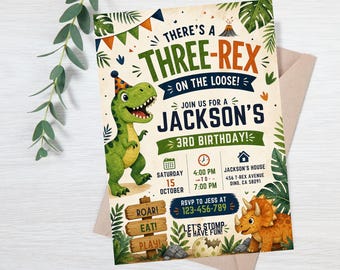 Dinosaur Birthday Invitation, Editable Three Rex Birthday Invite, Boys Third Birthday Dino Party, Three-Rex On The Loose,