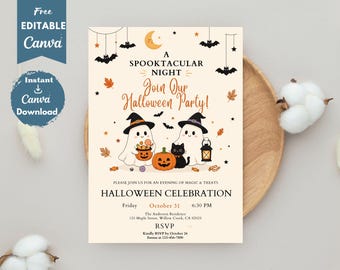 Halloween Party Invitation Template, Editable Canva Halloween Invite, Cute Ghost Pumpkin Trick or Treat Party (Digital Download)