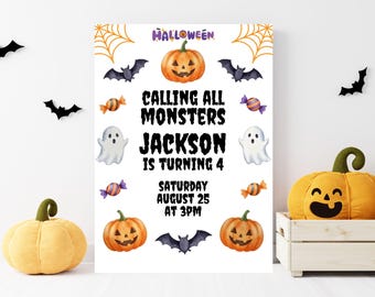 Monsters Halloween 1st Birthday Invitation, Little Boo First Birthday Invite, Neutral Halloween Birthday, Boy Halloween Invitation, Editable
