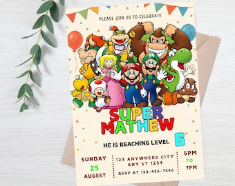 Bearbeitbare Super Mario Geburtstagseinladung, bearbeitbare Videospiel Party einladen, druckbare Canva-Vorlage, Digital Mario Bros Evite Download