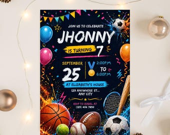 Sports Birthday Invitation, Editable 5x7 Canva Template