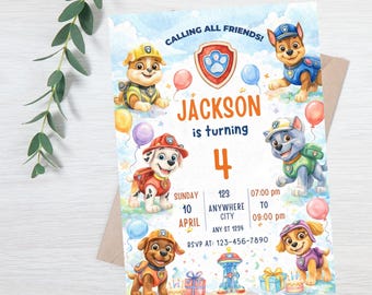 Bearbeitbare Paw-ty Geburtstagseinladungsvorlage, Kinderpartyeinladung, Puppy Patrol Pup Jungen & Mädchen Geburtstag Digitaler Download