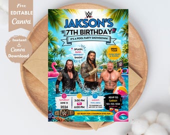 May include: A digital birthday party invitation featuring three WWE wrestlers in a swimming pool. The text reads Jakson's 7th Birthday, It's a Pool Party Showdown, Splash Bash Birthday Smash, Bring Your Swim Gear and Towel, and event details.