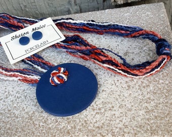 Navy Blue White Orange Necklace Set, Chicago Bears Denver Broncos Team Colors , Gift Porcelain Fiber Handcrafted Artist Sharon Malec Jewelry