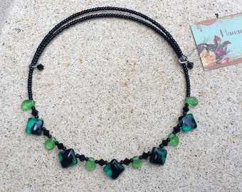 Emerald Green Glass & Jet Black Crystal Choker Necklace, Minimalist Birth Month May Memory Wire Flower Girl Child Teen Gift for Her