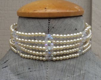 Pearl & Rainbow Crystal AB Wide Choker Wedding Bride Bridal Ceremony Five 5 Row Band Beaded Necklace Creamy Ivory Beadwork Jewelry Jewellery